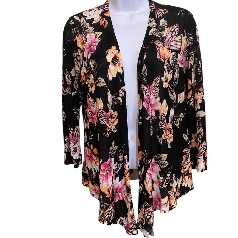 Chicos Size 4 / Small Kimono Open Cardigan Black Floral Butterfly Dark Romantic